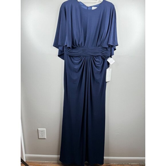 Mac Duggal Jersey Cape A Line Maxi Evening Gown Dress Navy Blue Sz 14W NWT 67929 - Picture 4 of 6